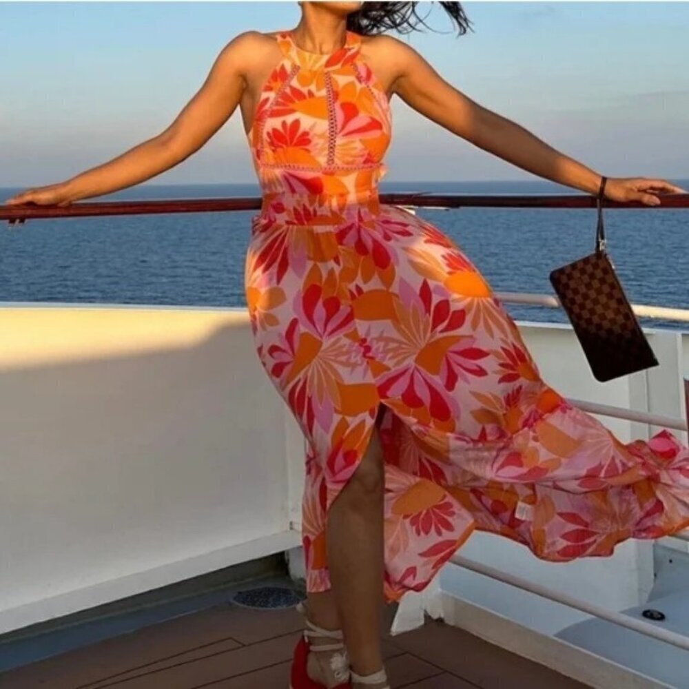 Abel the label orange halter neck maxi dress size S